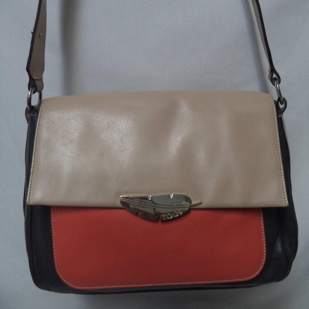 TOUS Vintage Leather Color-block Shoulder Bag Purse gold Leaf gray cream orange